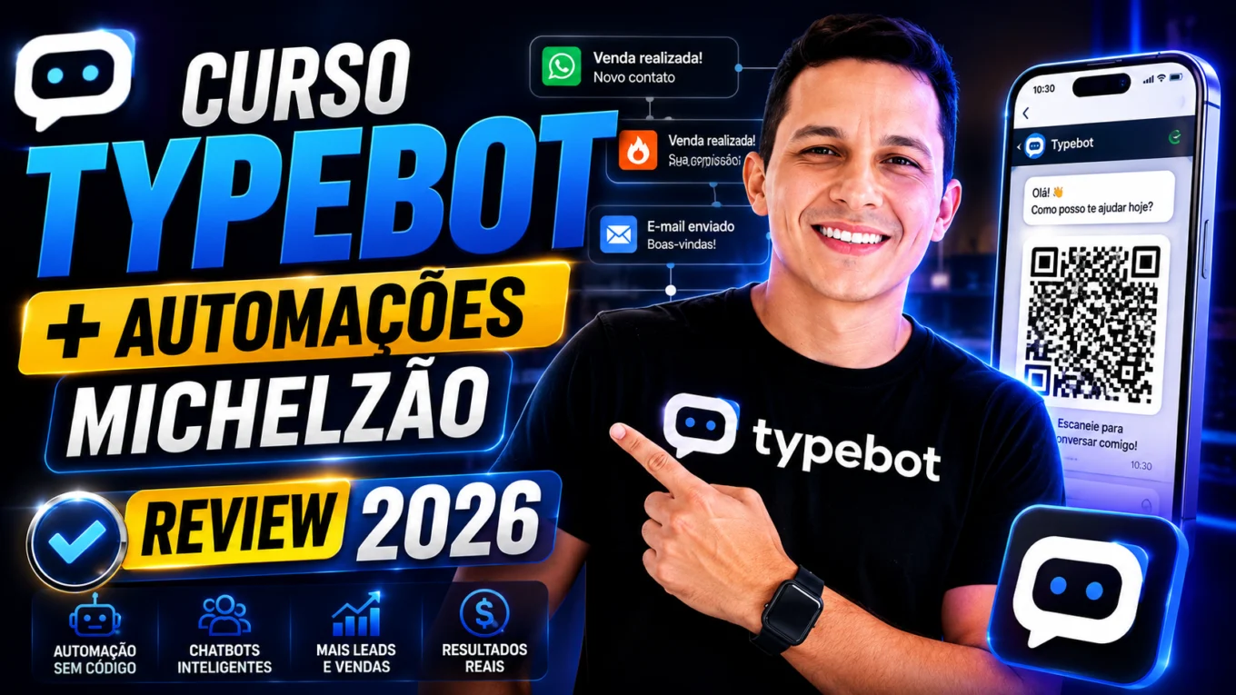 Michelzão apresentando o Curso Typebot com foco em automações para WhatsApp, chatbots inteligentes e geração de vendas online em review 2026.