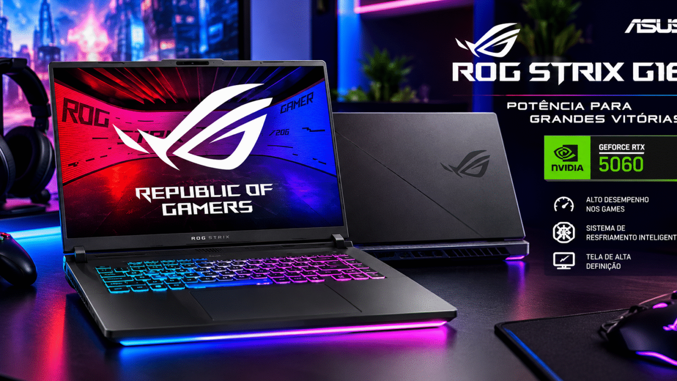Notebook ASUS ROG Strix G16 gamer preto com teclado RGB e placa de vídeo NVIDIA GeForce RTX 5060, apresentado em um setup gamer moderno com iluminação neon.
